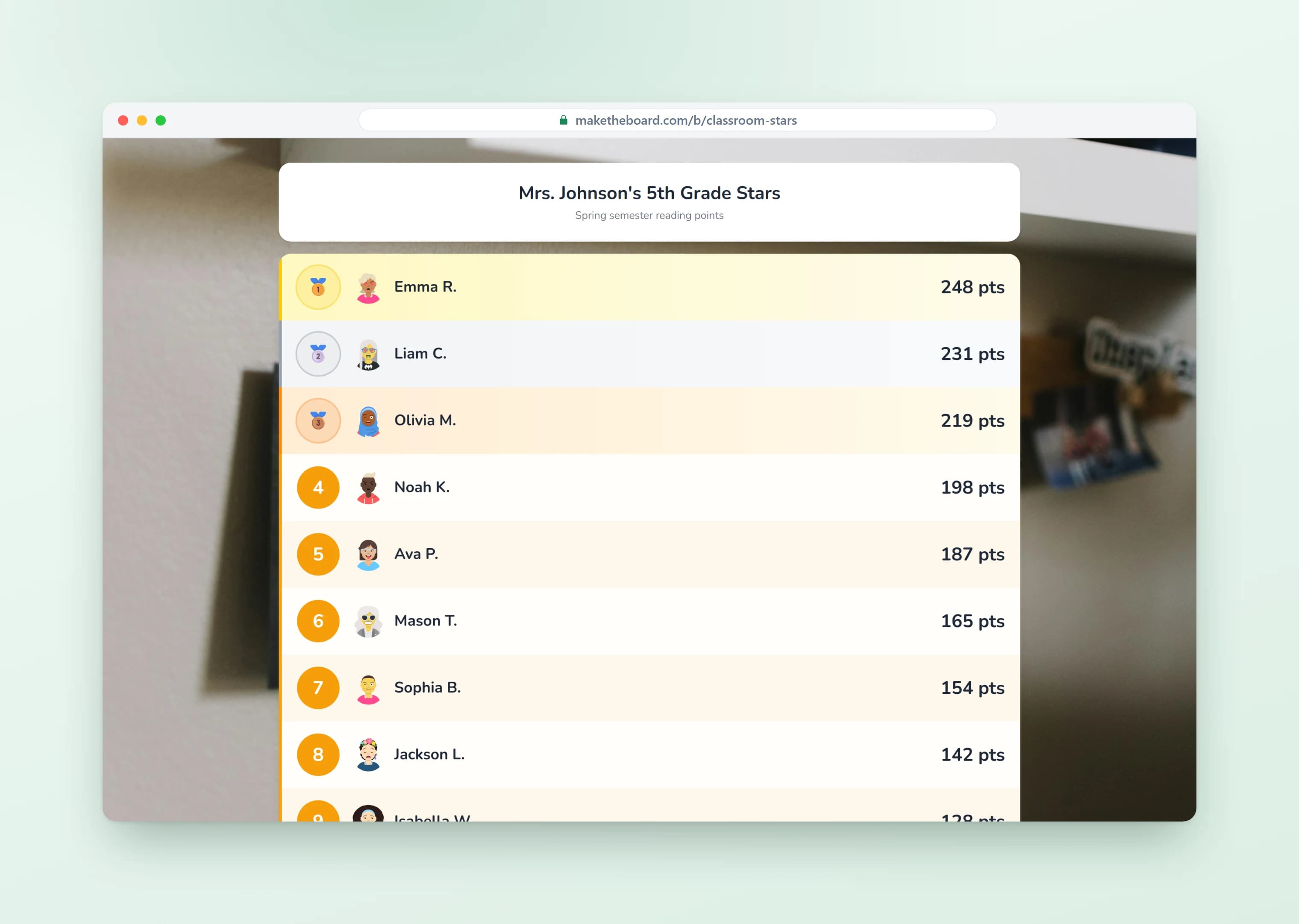 Custom leaderboard with branded colors and a background theme