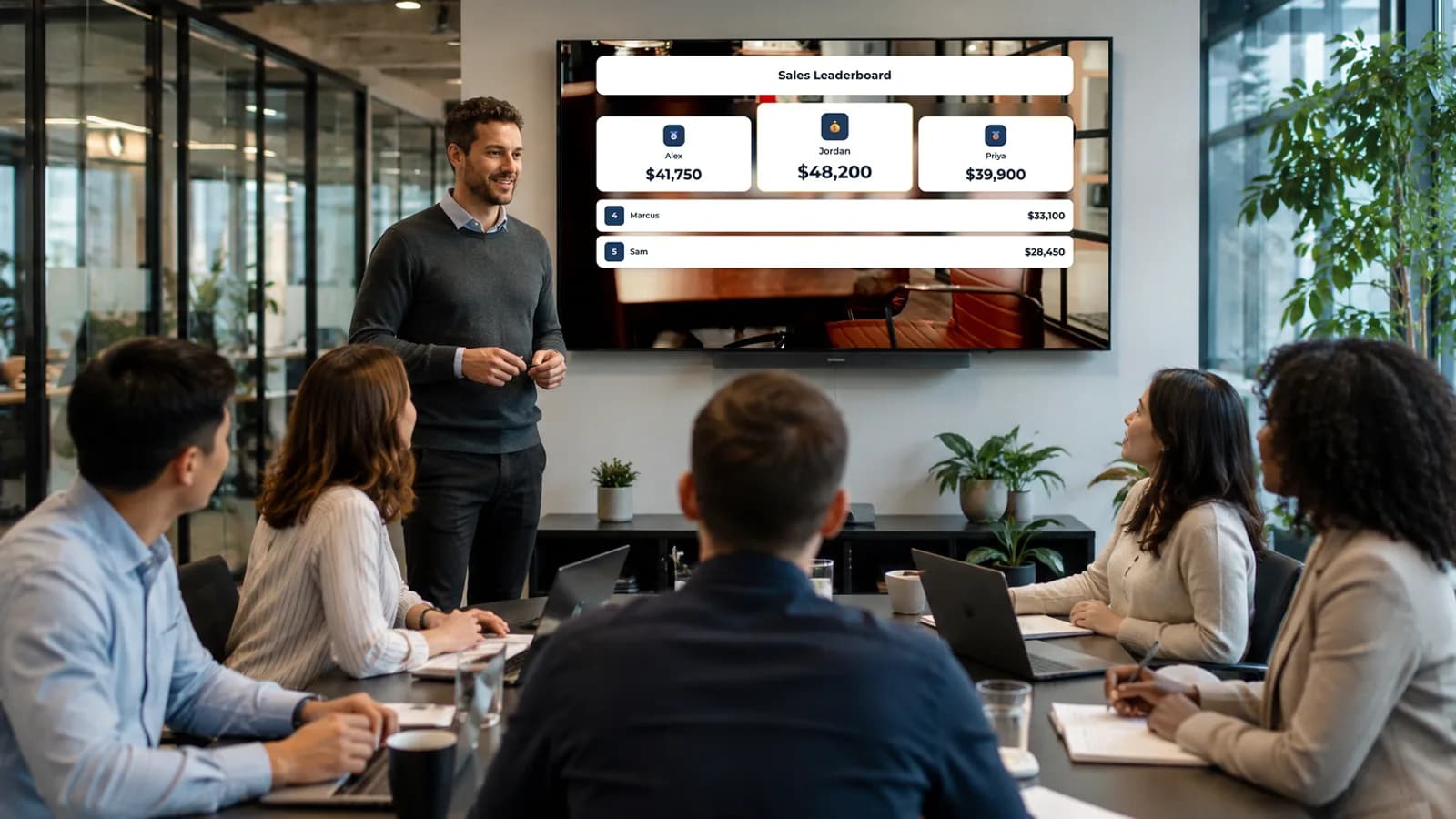 Sales leaderboard on a boardroom TV as the team reviews live rankings
